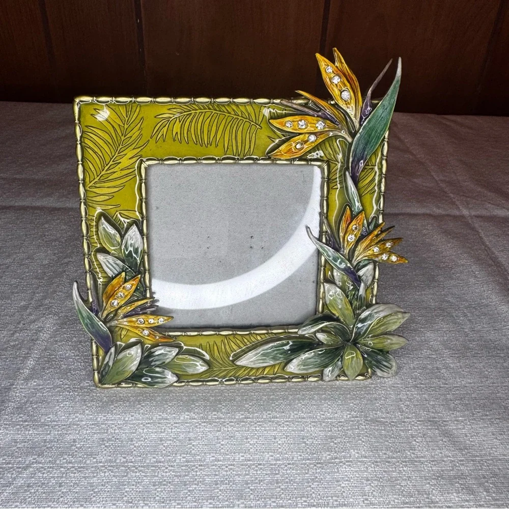 Green Floral Enamel Photo Frame with Crystal Accents - Unbranded
